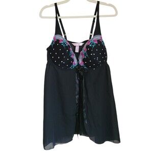 cacique black mesh & lace swiss dot floral babydoll chemise plus size 18/20